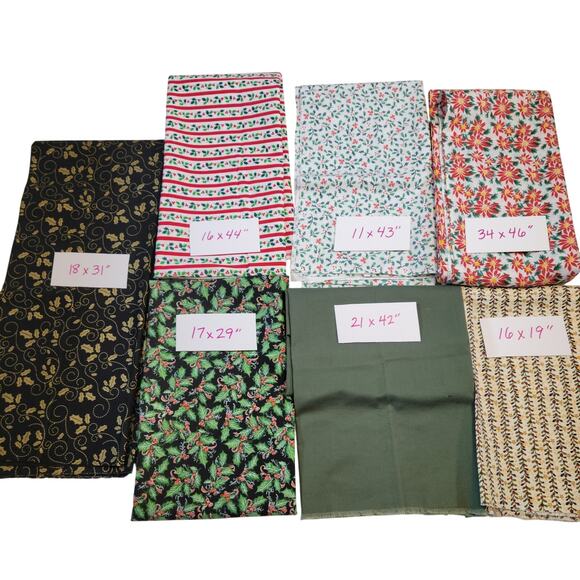Cotton Fabric Lot Christmas Holly Green Red Floral Print 7 Pc Quilting Crafts - Picture 1 of 16
